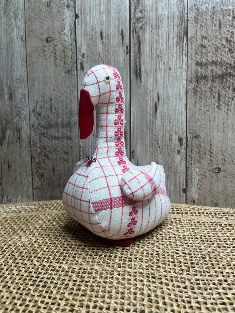 Vintage Red & White Plaid Goose Duck Fabric Plush Holiday Decor - Picture 5 of 6